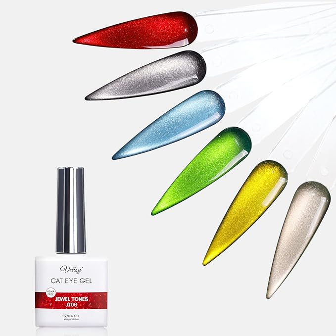 vettsy Magnetic Gel Nail Polish Set with Magnet, 6 Colors Cat Eyes Gel Polish Kit with Cat Eyes Effect for DIY Nail Art Manicure at Home (Jewel Tones)