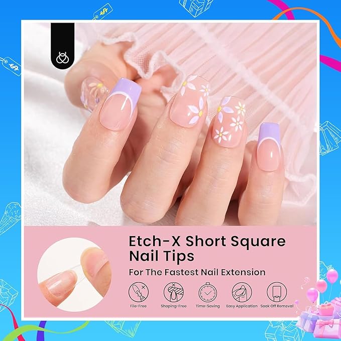 Beetles Gel Nail Tips Etch-X, Square Short, 288Pcs 12 Sizes, Pre-Etched Half Matte Full Cover Soft Acrylic Press on False Nail Tips Easy DIY Glue On Nail Extension Salon Gift for Women Girls
