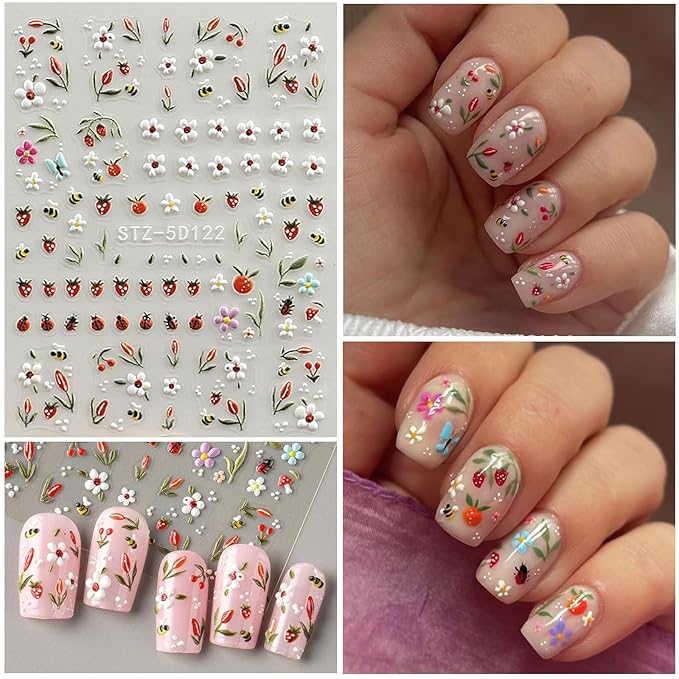 Flower Nail Art Stickers 5D Embossed Tulip Nail Decals Spring Summer Colorful Flower Nails Design Self-Adhesive 3D Accessories for Women Nails DIY Decoration(5 Sheets)