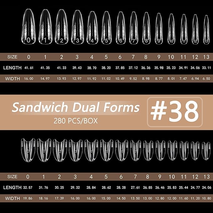 280Pcs Sandwich Nail Dual Forms for Polygel Extension Builder Gel 140 Pairs Almond Round Top and Bottom Plastic Nail Molds for Beginners Professional at Home Salon