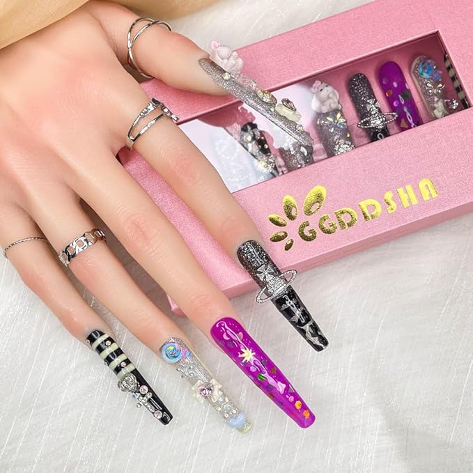 2025 Long Novel Design Reusable 100% Handmade PMMA Acrylic Press On Nails Kit with Box Gift for Women (Multicolor, M)