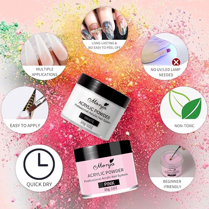 Monja Acrylic Powder - 4PCS 30g Professional Colored Acrylic Nail Powder for Acrylic Nails Extension 3D Nail Art Acrylic Polymer Powder Manicure Salon DIY No Need Nail Lamp
