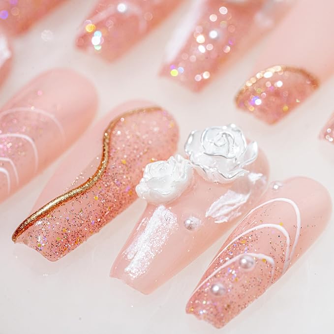 Sun&Beam Nails Handmade Press on Fake Nails Medium Long Nail Tips Popular Design Ballerina Pink 3D Flower Cute Pearl with Storage Box 10 Pcs (#002 L)