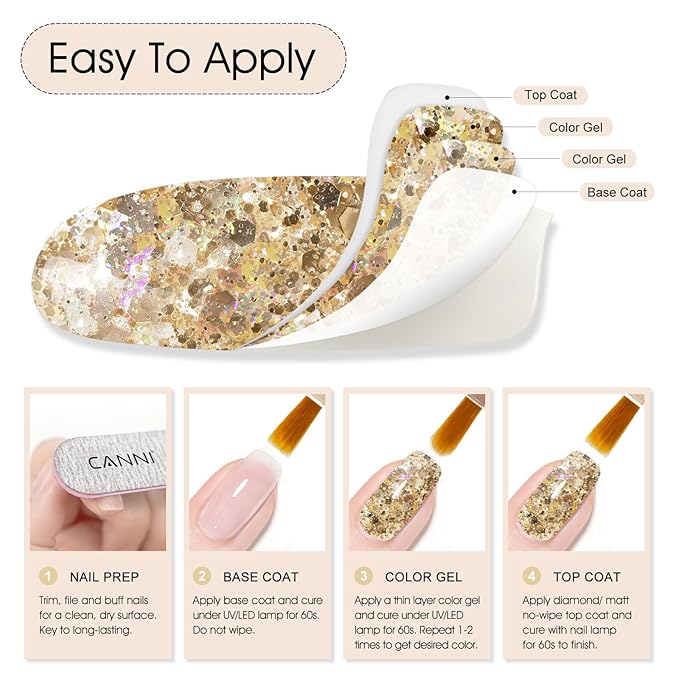 CANNI Gel Polish Glitter Gel Nail Polish Set, 8 Colors Shiny Amber Silver Gold Rose Pink Stone Glitter Gel Polish U V LED Soak Off Manicure Kit Gift for Women Girls