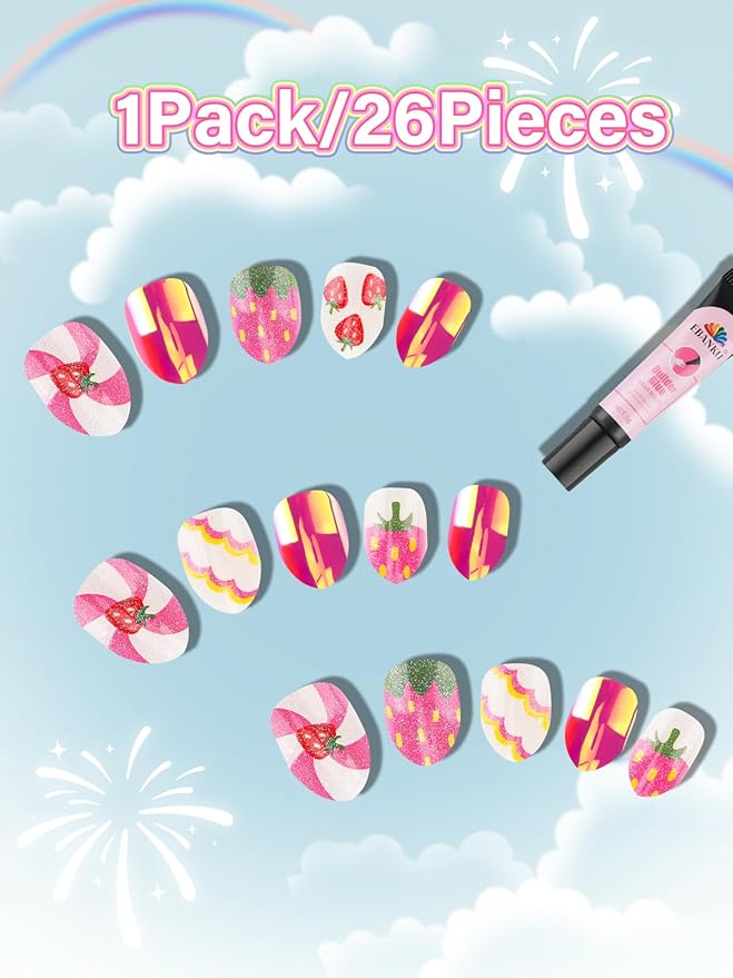 EBANKU 1 Pack Kid Fake Nail Kit, 24 Pieces Strawberries Press on Nails for Kids Almond Press on Nail Short Artificial False Nail Kits for Kids Girls