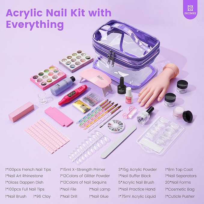 Nail Kit for Beginners with Everything: Professional Monomer Acrylic Nail Liquid Powder Set with Practice Hand Drill U V Light in Cosmetic Bag for Women Salon Home(Purple)