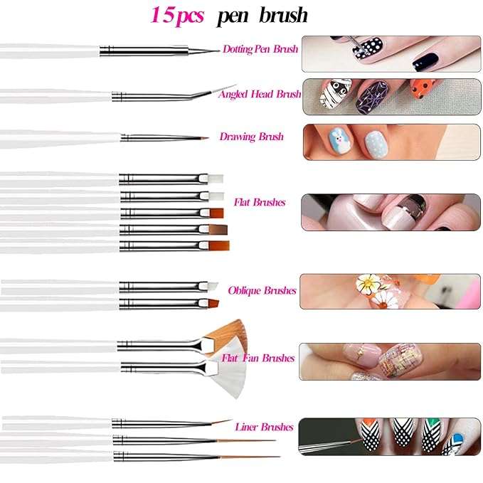 Nail Art Kit includes 30 Striping tape & 4Pcs Striping Roller Box & 12 Colors Rhinestones & 5pcs Dotting Pen & 15pcs Brush Set