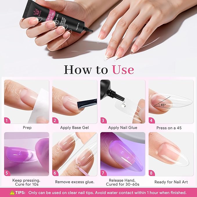 Nail Tips Gel Glue 2Pcs*15g - Lamp Curing Solid Nail Glue for False Acrylic Nails, Crystal Clear Long Lasting 28 Days No Yellowing Salon Quality DIY Home Manicure Beginner-Friendly