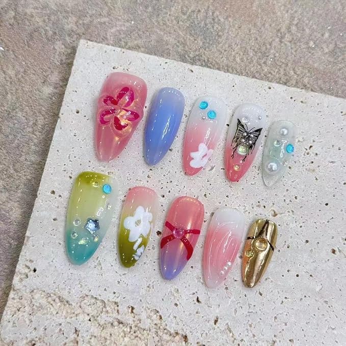 Colorful Almond Nails,Handmade Press on Nails,Glossy Pink Green Purple Soft Gel Finished with Flower Butterfly Pattern,Acrylic Glitter Butterfly Nails For Summer(S)