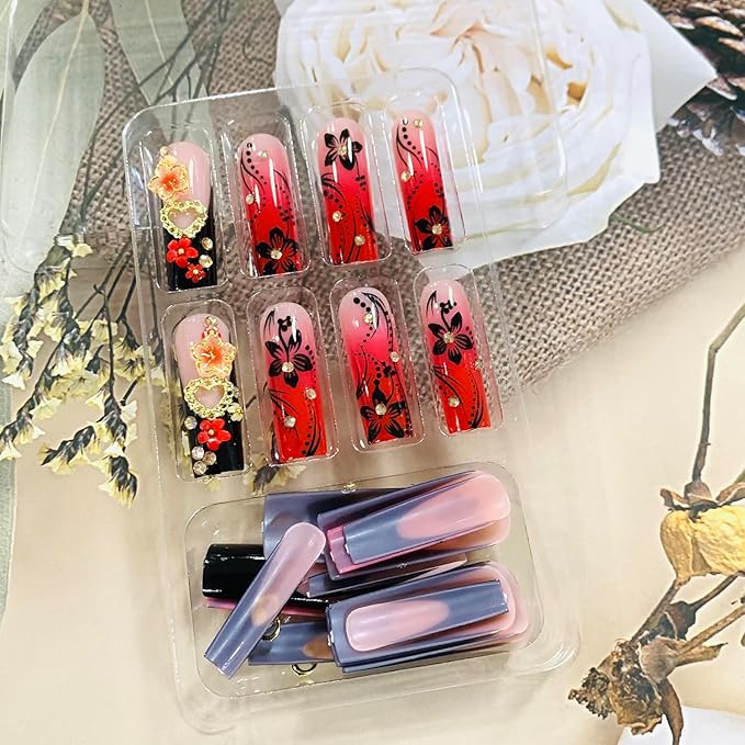 Press on Nails Coffin Long Length Acrylic Glossy Full Cover Square Shaped French False Nails with Designs Artificial Extra Long Fake Nails with Charms Glue ons Fingernails for Women(C130)