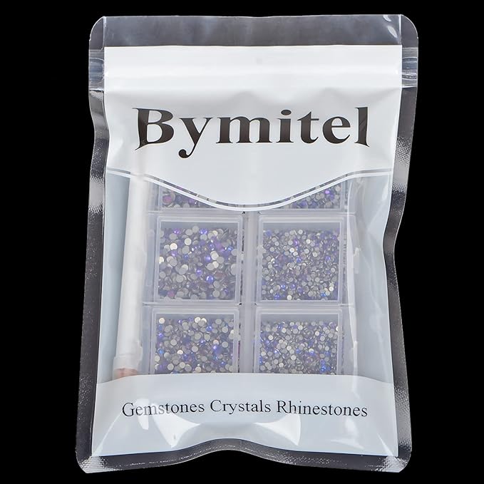 Bymitel 7200 Pieces 6 Mixed Sizes Glue Fix on Glass Rhinestones Round Crystal Gems Flatback for DIY Jewelry Making with one Picking Pen(6-Sizes 7200PCS, Purple Velvet)