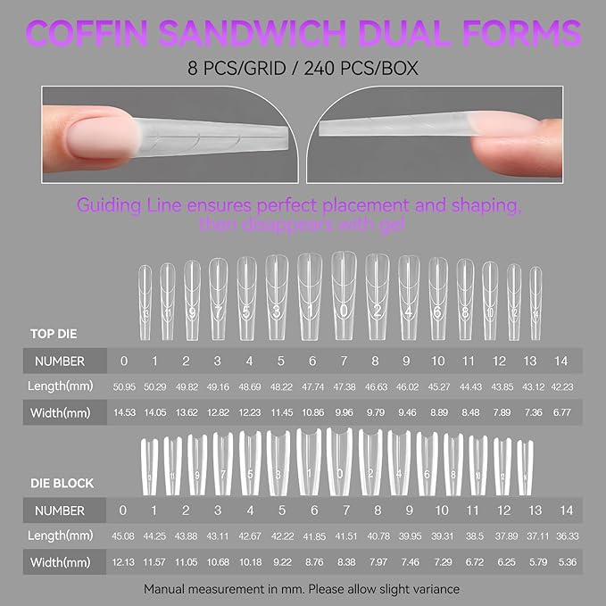 Gelike EC Sandwich Nail Forms for Builder Gel: 2026 New Dual Nail Form No Gel Stacking Warping or Bubbles for Home Extensions Art - 240Pcs 15 Sizes Top & Bottom Molds - Long Coffin