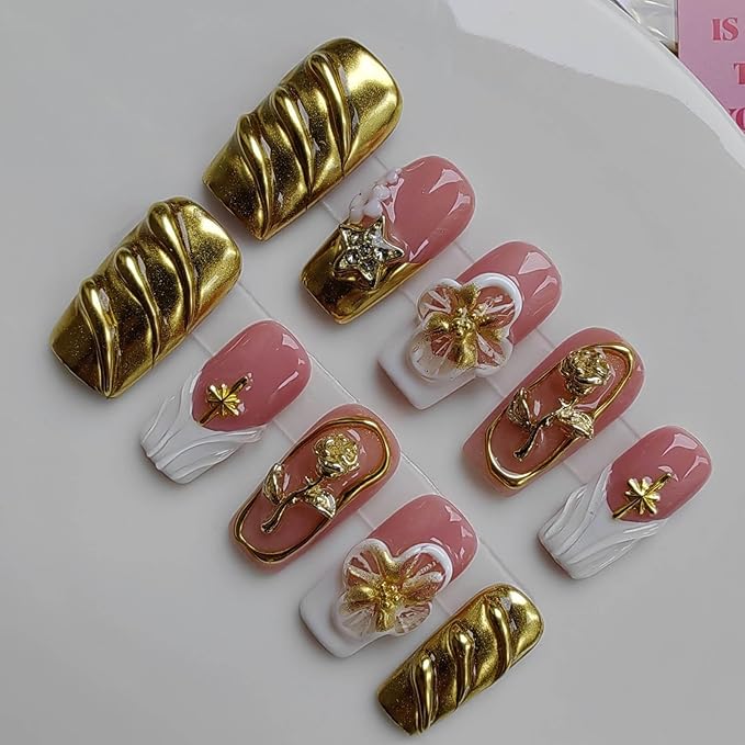 Medium Press on Nails Square Professional Handmade Press-on Nails with Flower and Gold Design for Women 10pcs M Size Pattern 1104