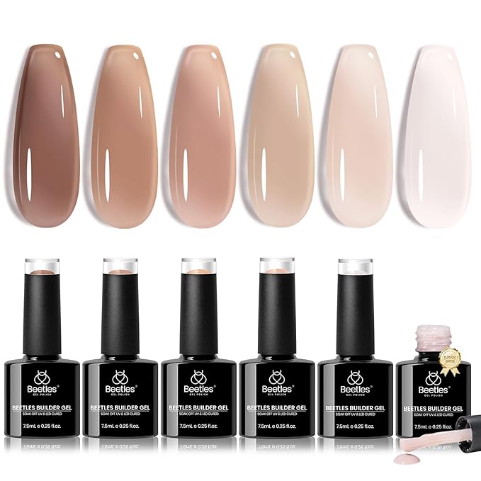 Beetles Builder Gel Set-Caramel Latte 6 Colors 8 in 1 Nail Thickening Strengthening Building Apex for Beginner DIY Salon at Home,Brown Nude Winter Builder Nail Gel UV & LED Lamp Needed