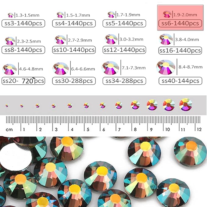 Dowarm 1440 Pieces SS6 Flatback Crystal Rhinestones, 2MM Glass Flat Back Crystals for Craft Face Nail Art Dance Costumes, Non Hotfix (SS6 / 2MM, Ghost Shiny)
