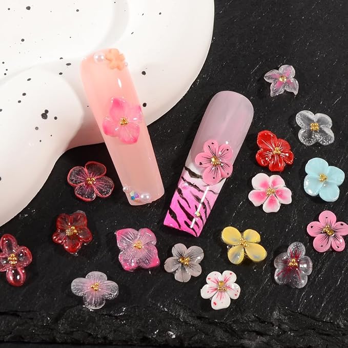 30PCS 3D Handmade Flower Nail Art Charms Advanced Handcrafted Cherry Blossom Flower Colorful Sculpted Floral Nails with Rhinestone Caviar Beads Design for Women Profession Nail Art Craft Jewelry