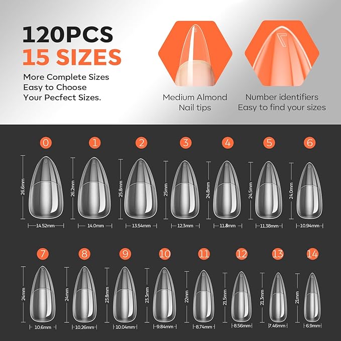 modelones Pro Luxe Instant Nail Apex Tips 15 Sizes, Medium Almond Extension Gel Tips Pre-building & Pre-etched Thicker Strength Acrylic Fake Nails Full Cover 120 Pcs