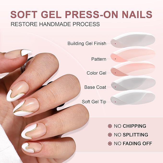 Almond Press On Nails - White French Tip Press On Nails Short with Gold Foil Designs, Glue On Nails 16 Sizes - 32Pcs Reusable Soft Gel False Nails Tips Kit, Stick On Nails for Women