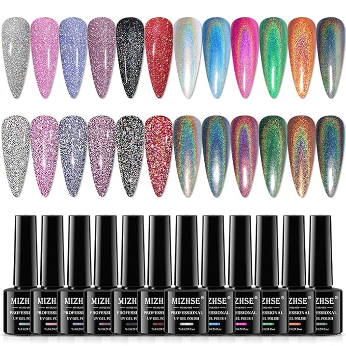 MIZHSE 6 Glitter and 6 Holographic Gel Nail Polish, Sparkle Shiny Glossy Rainbow Iridescent High Pigment Gel Polish Nail Lacquer Soak Off Manicure Art Gift for Ladies