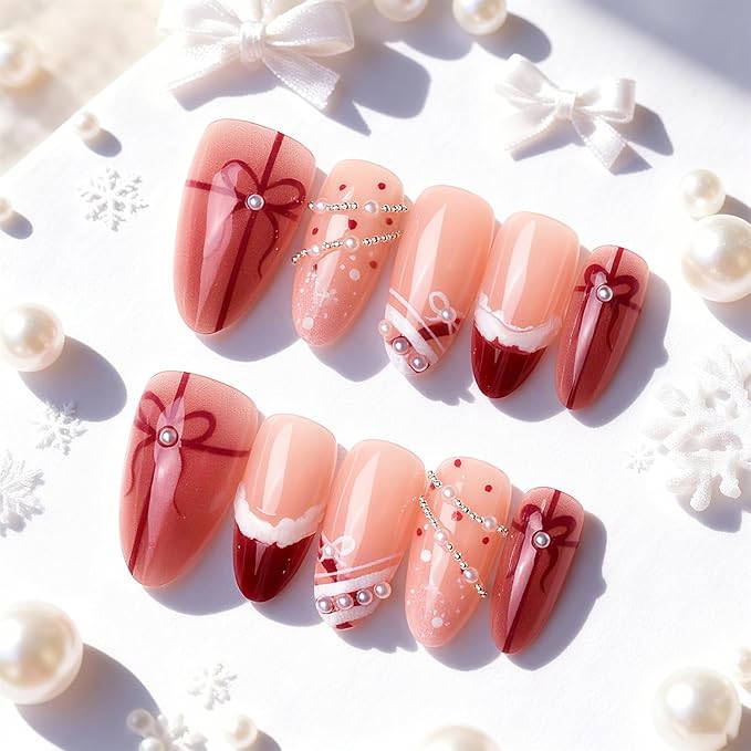 30pcs Christmas Press on Nails Medium Almond Fake Nails Valentine False Nails with 3d Pearl Rhinestones Designs Xmas Gift Full Cover Artificial Glue on Nails French Tip Acrylic Nail Supplies for Women