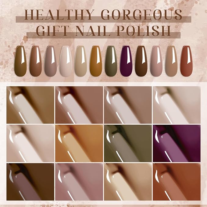 MTSSII 12 Colors Brown Gel Nail Polish Set, Fall Winter Skin Tones Nude Gel Polish Roasted Chestnuts Chocolate Collection Neutral Khaki Gel Nail Kit Nail Art Salon DIY Gift for Women