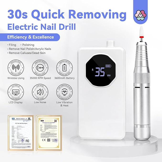 SAVILAND Electric Nail Drill Professional - 35000 RPM Rechargeable Acrylic Nail Drill with Drill Bits Sanding Bands for Nail Art Removal Nail Care for Nails Manicure and Pedicure Kit Salon Use