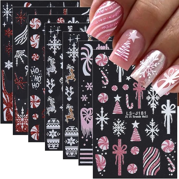 7 Sheets Christmas Nail Stickers Xmas Nail Design Decals - Snowflake,Bows,Candy Cane,Santa Tree Stickers with Pink,Red,Gold,Silver Glitter,Christmas DIY French Manicure Decor for Women Girls