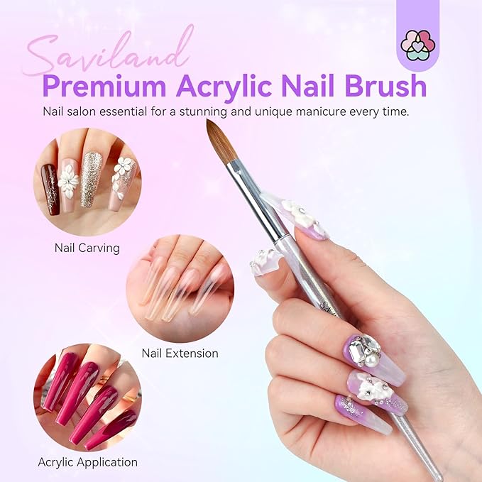 SAVILAND Kolinsky Acrylic Nail Brush: Size 10 Kolinsky Hair Professional Acrylic Brush for Nails Art Extension & Acrylic Powder Application, Blue Aurora Glitter Nail Brush Salon-Grade Manicures Home