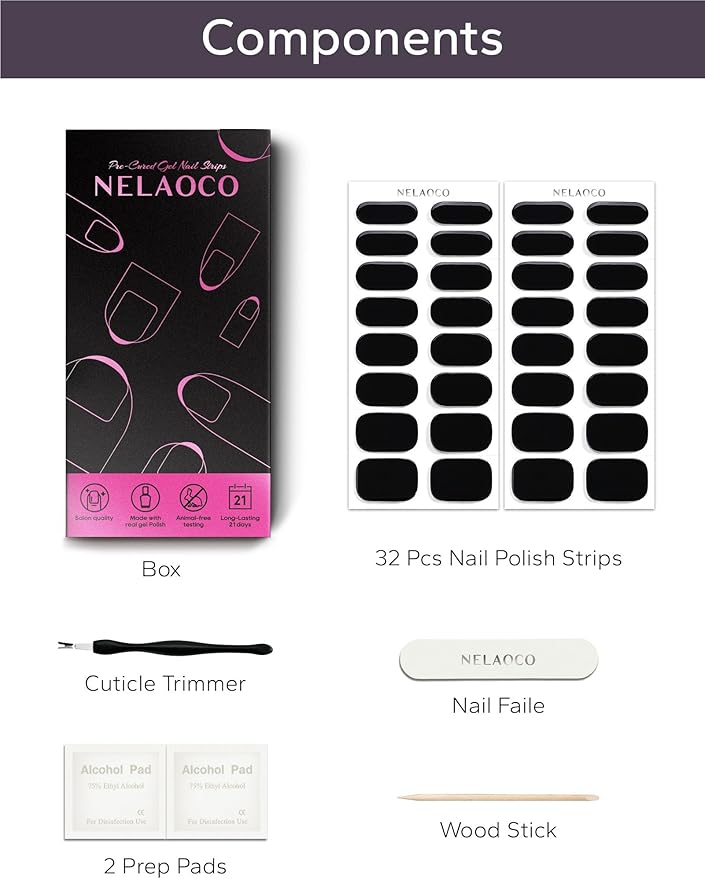 Nail Polish Strips – 32PCS UV Free Salon Quality Wraps, Long Lasting Gel Nail Stickers for Women (Nightshade Black)