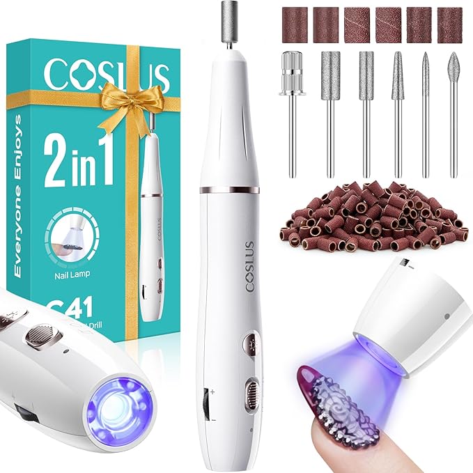 COSLUS Cordless Nail Drill Electric C41(END04): 2-in-1 Nail File with Flash Cure for Acrylic Gel Dip Powder Nails, Stepless Control for Beginner Home DIY, Portable & Professional Pedicure Kit