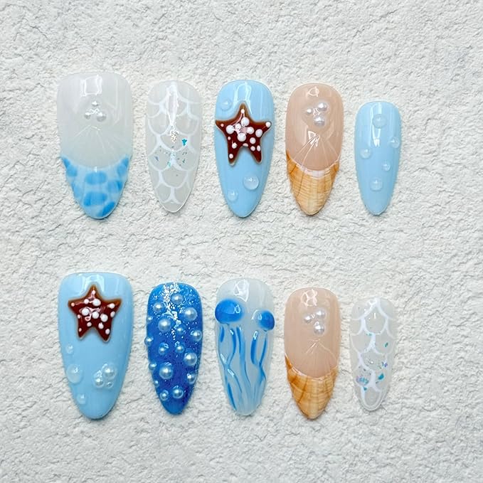 Luxury Handmade Almond Press on Nails with Glue,Ocean False Nails 3D Jellyfish Art Designs Blue Acrylic Nails Handmade Nail Reusable Muti-Layer Gel Thick False Nails for Women 10 Pcs (Size S)