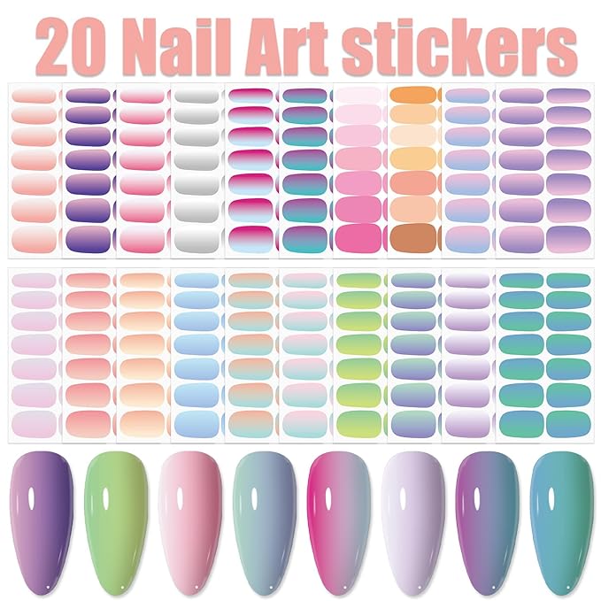 WOKOTO 20 Sheets 280 Pieces 3D Solid Gradient Cat Eye Nail Polish Strips, Gel Nail Stickers Full Wraps Press On Nails for Women Nail Art Gel Stickers Wraps Stick On Nails Polish Stickers