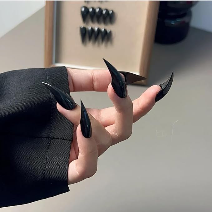 Halloween Press on Nails Long Curved Stiletto Handmade Black Design Stick on Nails Horror Vampire Fake Nails Dragon Cat Claw Press on Nails Glossy Acrylic Glue on Nail Thick (S,Black Glossy Finish)
