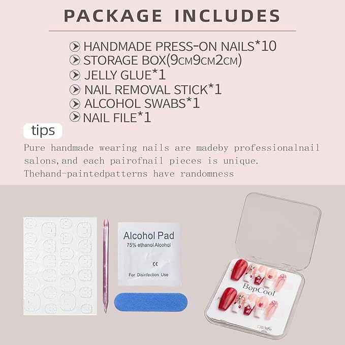 Handmade Long Square Press On Nails - 3D Flower & Cherry French Design, Reusable Acrylic Full Cover Nails (M-10PCS)