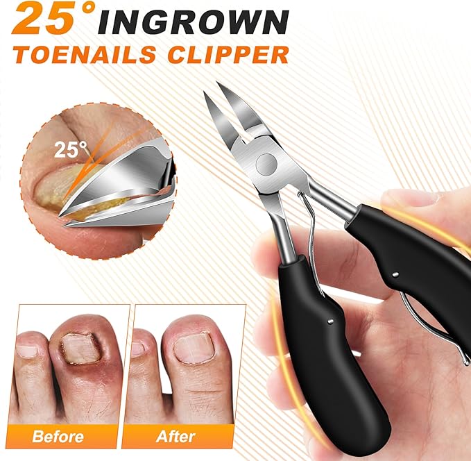 Toenail Clippers for Thick Toenails, Angled Head Toe Nail Clippers with Catcher, 360° Rotating Nail Clippers for Men, 37mm Wide Opening Nail Cutter for Ingrown Toenails, 5PCS Seniors Foot Repair Set