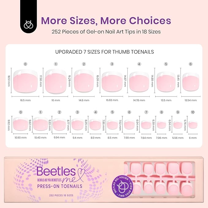 Beetles X Press Plus French Tip Toenails - Ivory French | Pink Short Square Press On Toe Nails | 252 Pcs 18 Sizes Natural Salon Quality Gel Nail Tips