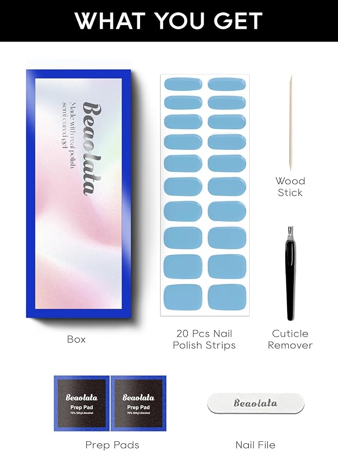 Semi Cured Gel Nail Strips - UV Light Gel Nail Stickers - 20 Long Lasting Salon Quality Wraps (Sky Blue Phantasm)