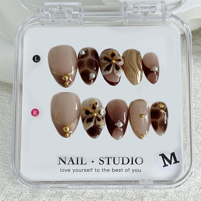 Handmade Press on Nails Almond, Brown Acrylic Nails Medium, 3D Flower and French Tip Amber Gold Chrome For Women Gift, Handmade Reusable Stick on Nails Kit With Nail Glue (Size S)