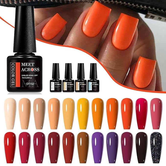 MEET ACROSS Fall Winter Series Gel Polish Set 22 Colors Gel Nail Polish Kit Orange Burgundy Red Purple for Nail Art Manicure Kit for Women 30Pcs