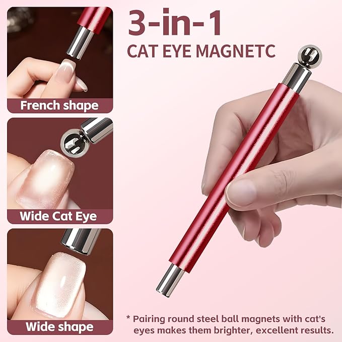 4 Pcs Cat Eye Magnet Set – Red Dual-Ended Nail Magnet With Round Bead, 2 Heart Nail Magnets for Nail Art, and Black Magnetic Bead-Pickup Pen, Magnet for Cat Eye Gel Polish DIY Nail Designs