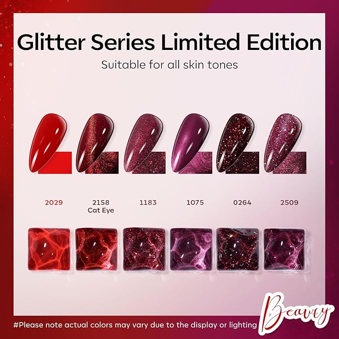 modelones Gel Nail Polish Set, 6 PCS Christmas Red Burgundy Purple Glitter Gel Polish Colors Cat Eye Chameleon Shimmer Soak OFF LED Nail Art Gel Nail Kit Manicure Salon DIY Nails Gift