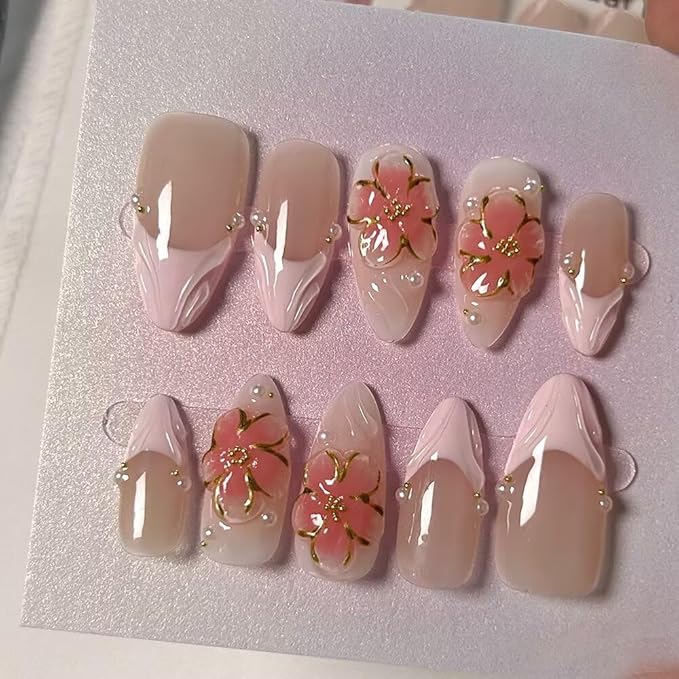 M size Handmade 3D Medium Almond Press On Nails,French Pink Gel Fake Nails, Long Lasting Reusable False Nails for Women, Easy Application Salon Manicure Designs (10 Pieces)- M size