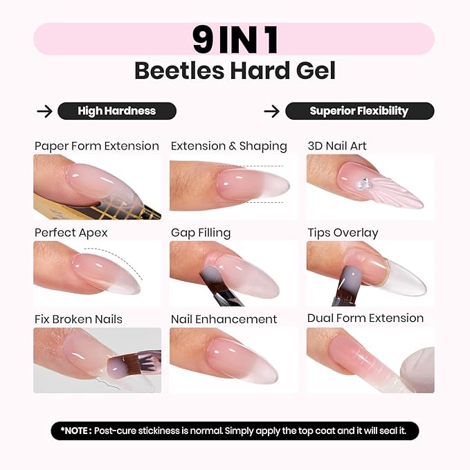 Beetles HEMA-Free Hard Gel Set-Dewy Breeze 0.5 oz Mini Size 9 in 1 Nail Extension Sculpting Apex Building for First-Time Users Professionals,Clear Builder Nails Gel, UV & LED Lamp Needed