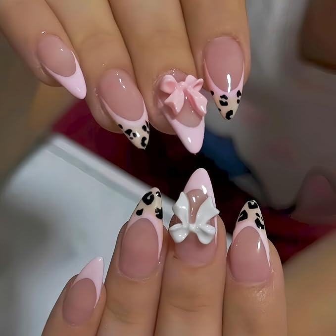 24pcs Leopard Print French Tip Pres on Nails Medium Almond Fake Nails 3D Resin Bow Charm Designs False Nails Pink French Full Cover Acrylic Stick on Nail Glossy Reusable Artificial Nail for Women