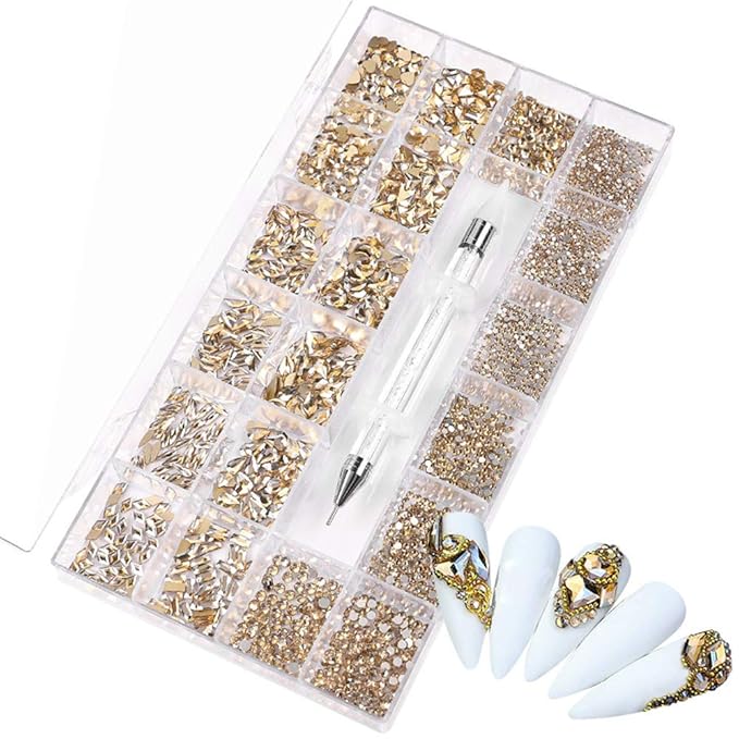 3100 Pcs Nail Crystal Kit Multi Shapes Glass Crystal Champagne Rhinestones for Nail Art Craft Mix Sizes Non Hotfix Flatback Nail Gems+ Wax Pen for Rhinestones in Acrylic Beads Storage Container