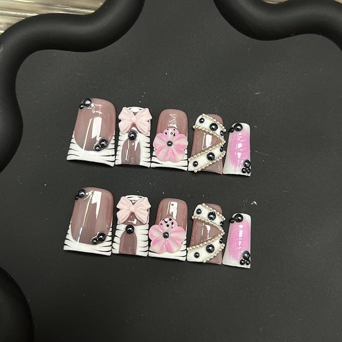 10 Pcs Handmade Duck Press on Nails Medium 3D Flower Fake Nails with Glue,with 3D Bow Black Rhinestone Designs Gradient False Nails Glossy Full Cover Artificial Acrylic Nail Press Ons for Women (S)