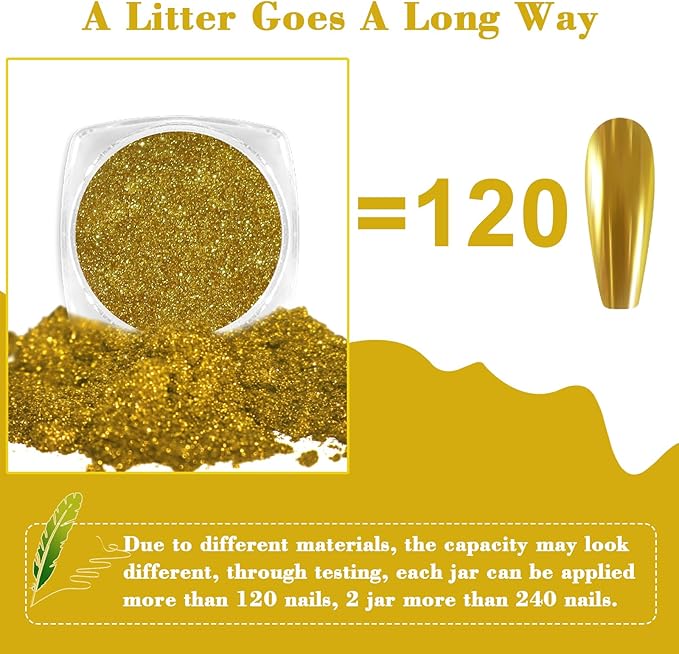 Allstarry Gold Chrome Nail Powder, 2pcs Metallic Mirror Effect Dust Glitter Glazed Manicure Decoration Reflective Pigment for Gel Polish Nail Art Decoration Resin Craft, Festivals - Gold