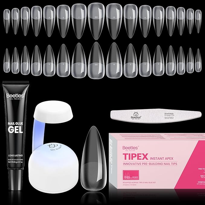 Beetles Tipex Instant Apex Nail Tips Kit, Medium Stiletto, 224 Pcs 16 Sizes Pre-Building Pre-Etched False Nail Tips with Tipex Nail Glue, Mini Nail Lamp