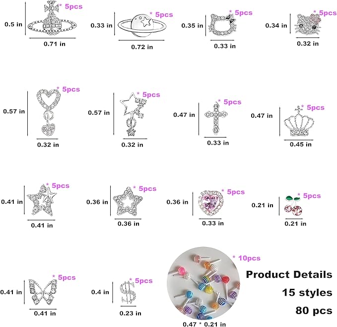 80Pcs Silver Nail Charms Set with Pink Hearts，Crosses, Stars,Butterflies, Dollars, Cherries, Crowns,Lollipop Y2k Nail Gems for Women Girls Nail Decorations DIY Craft