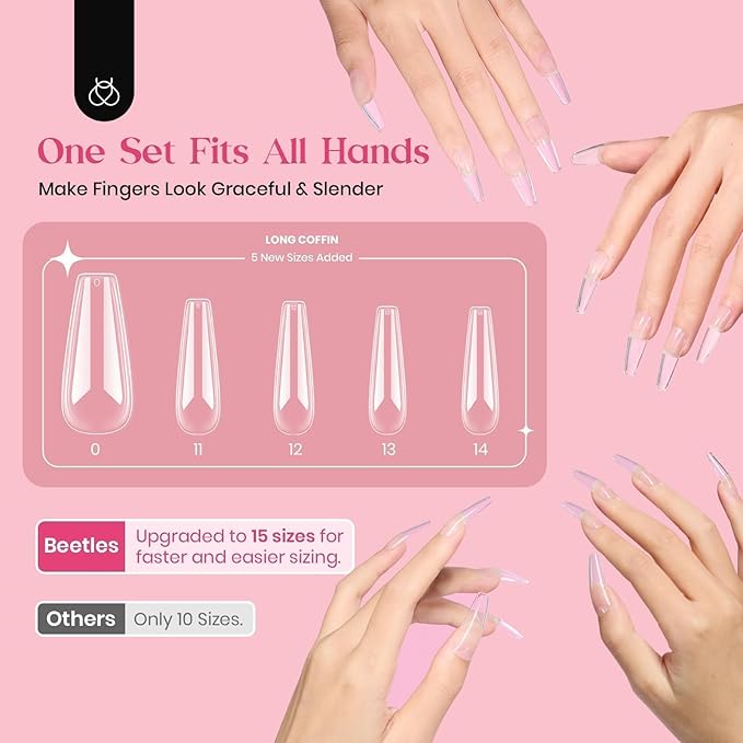 Beetles Gel Nail Tips Upgraded 15 Sizes Long Coffin Nail Tips 630Pcs Pre-Shaped Clear Full Cover False Nails Easy Nail Extension for Gel Polish Gift for Women